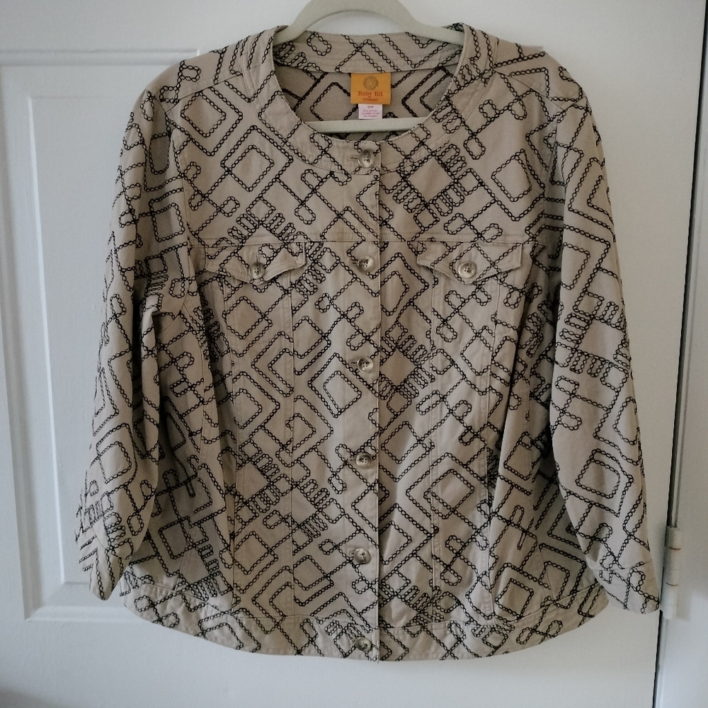 Ruby Rd 16W Cotton Blend Tan Black Jacket Figure Flattering Stretch Office Chic